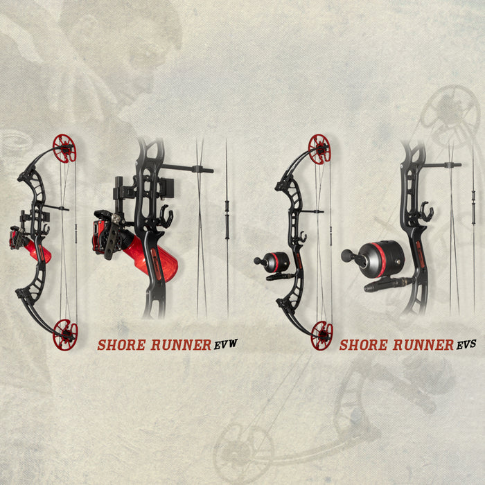 Cajun Bowfishing bows and bowfishing gear available in left-hand and right-hand dexterities. Cajun Bowfishing equipment shown on a textured background.