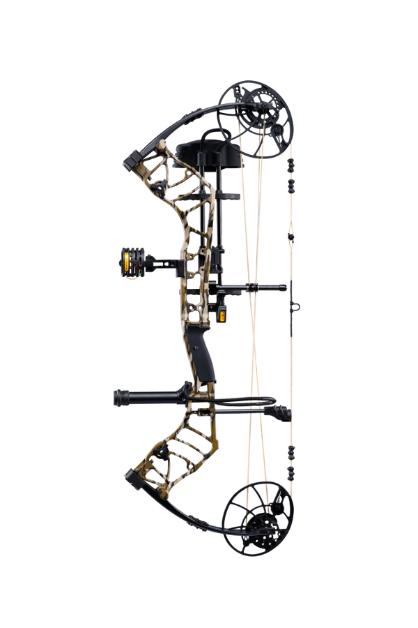 Mossy Oak Bottomland colored Bear Archery Legend 30 RTH compound bow with a stable 30 RTH-inch axle-to-axle length comes ready-to-hunt. 
