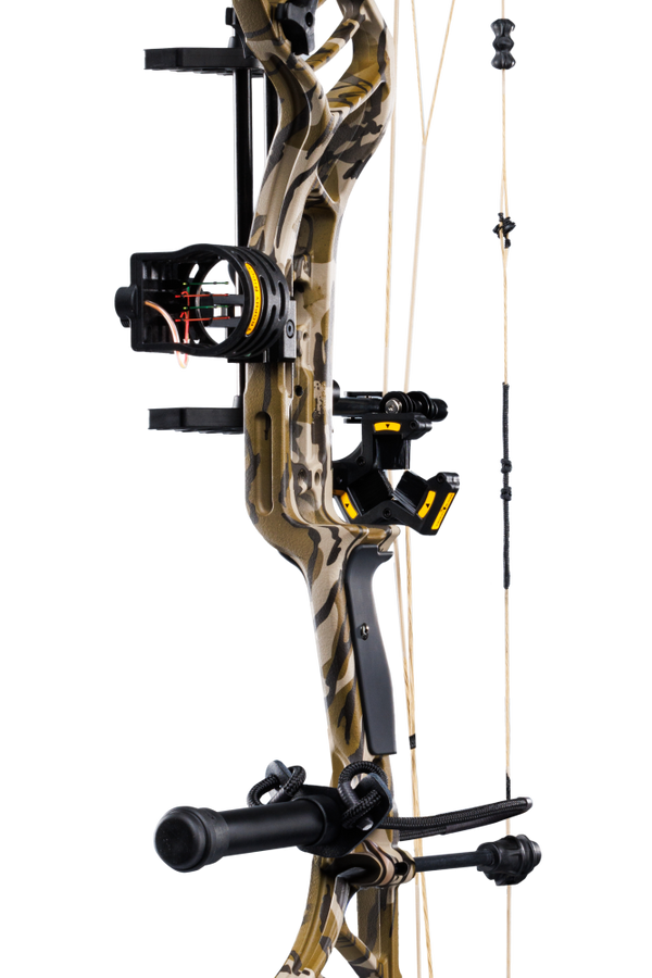 Close up of the Bear Archery Legend 30 RTH package from Trophy Ridge including sight, whisker biscuit, stabilizer, wrist sling, and arrow quiver.