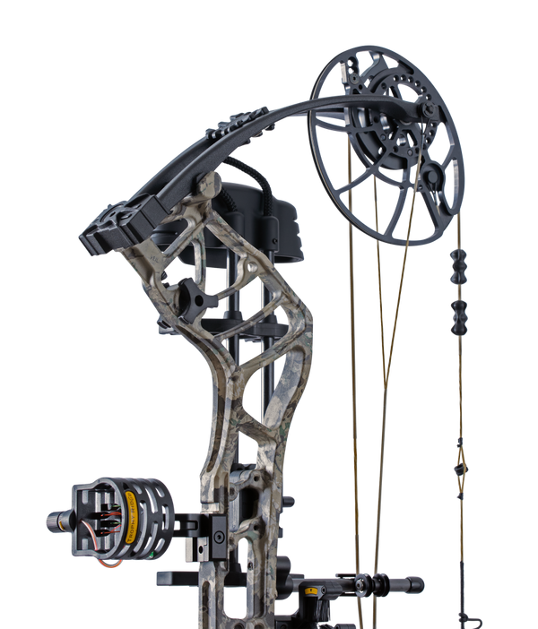 Close up of the Bear Archery Legend 30 RTH compound bow for hunting DHCXR Hybrid Cam system and RTH accessories from Trophy Ridge.
