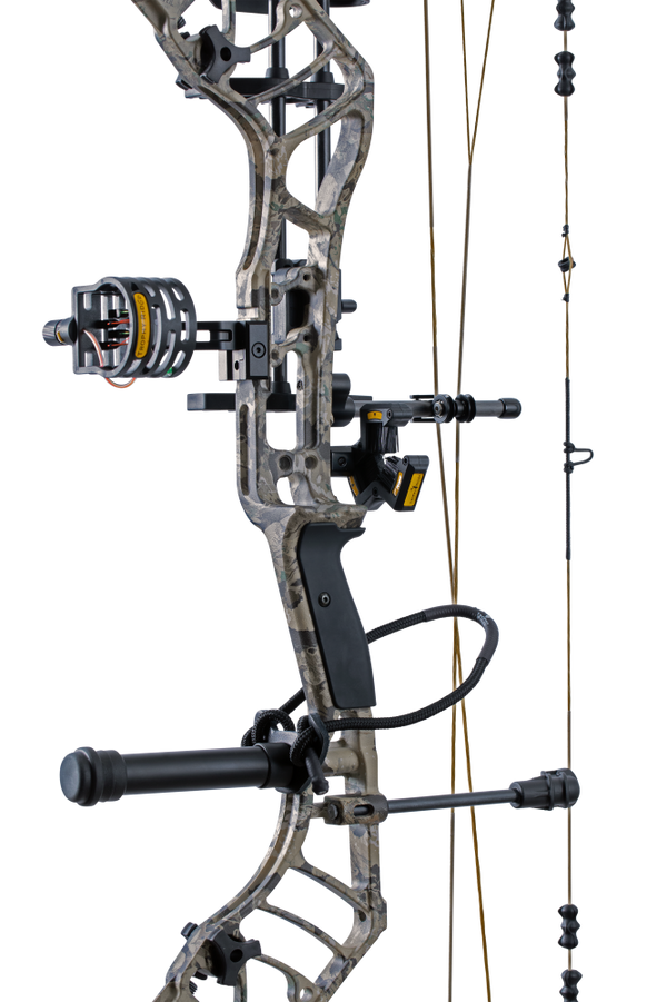 Close up of the Bear Archery Legend 30 RTH package from Trophy Ridge including sight, whisker biscuit, stabilizer, wrist sling, and arrow quiver.