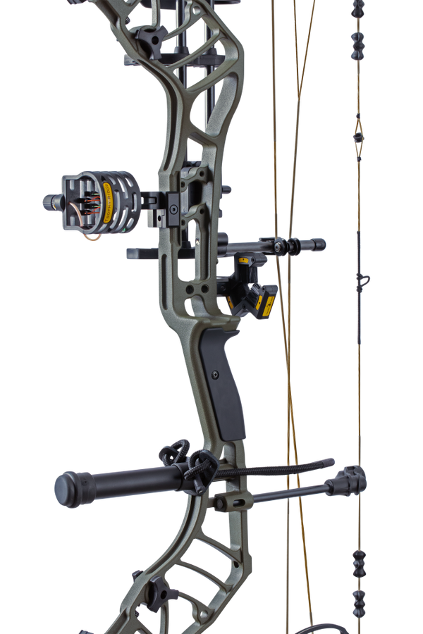 Close up of the Bear Archery Legend 30 RTH package from Trophy Ridge including sight, whisker biscuit, stabilizer, wrist sling, and arrow quiver.