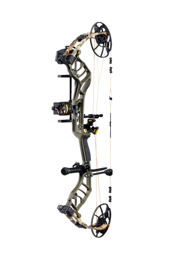 Lightweight Bear Archery Legend 30 RTH hunting bow package in color Throwback Green featuring a high let-off design, vibration-reducing dampeners, and Bear Paw Grip.