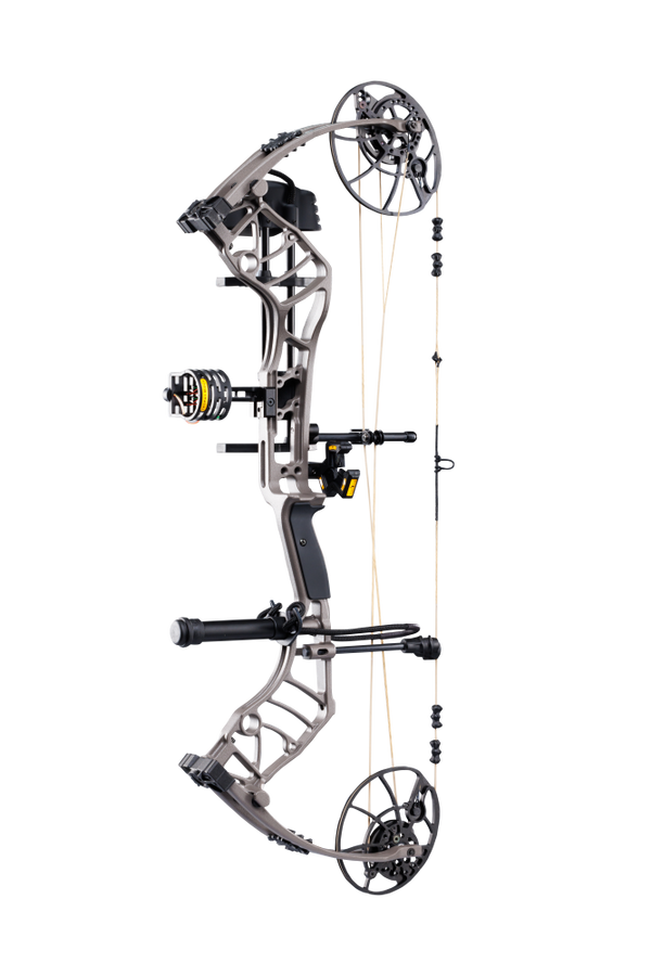 Lightweight Bear Archery Legend 30 RTH hunting bow package in color Stone featuring a high let-off design, vibration-reducing dampeners, and Bear Paw Grip.