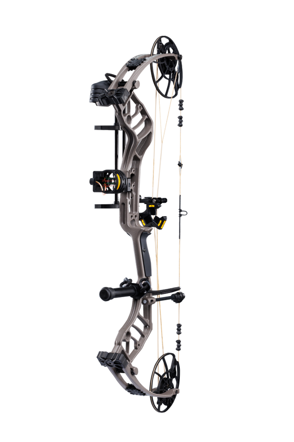 Stone colored Bear Archery Legend 30 RTH compound bow with a stable 30 RTH-inch axle-to-axle length comes ready-to-hunt. 
