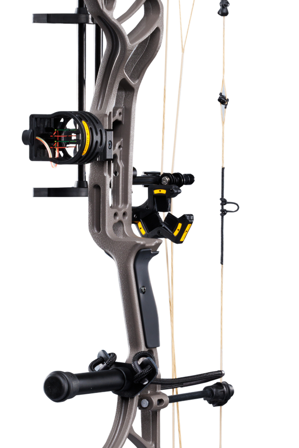 Close up of the Bear Archery Legend 30 RTH package from Trophy Ridge including sight, whisker biscuit, stabilizer, wrist sling, and arrow quiver.