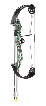 Bear Archery Warrior kids archery set includes arrow rest, 1-pin sight, finger rollers, armguard, and arrow quiver.